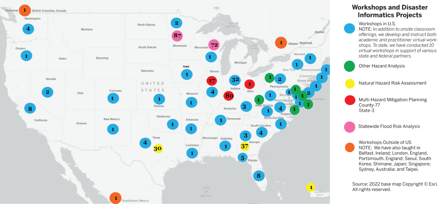 Map of disaster informatics workshops and project locations by category